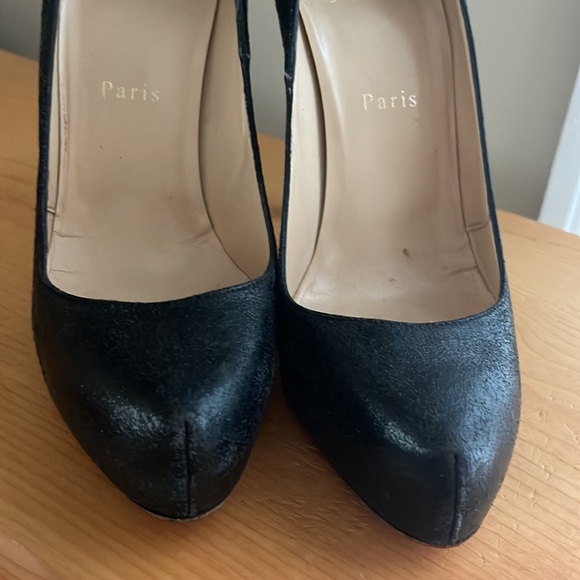 Christian Louboutin Black Textured Leather Red Bottom High Heel Platform Pumps - Picture 8 of 14